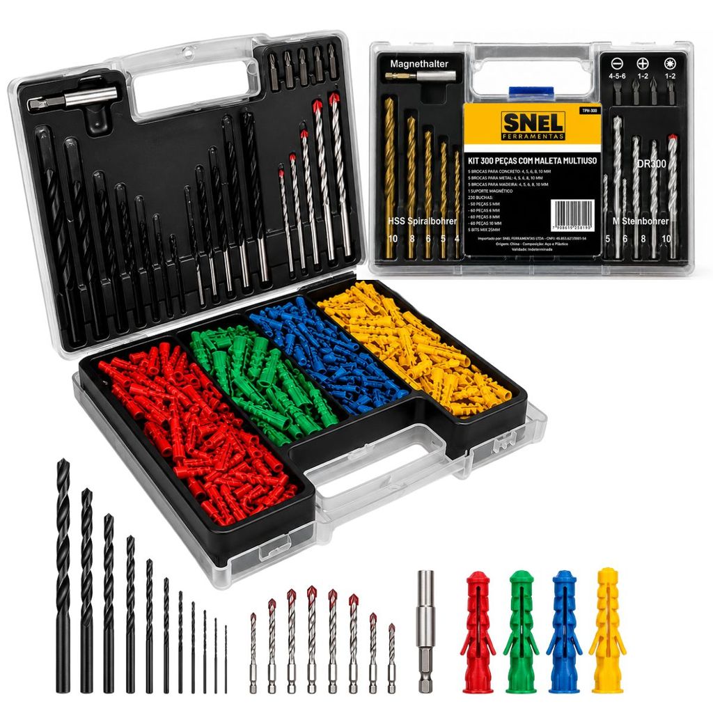 Kit Brocas Bits E Buchas 300 Peças Com Maleta Organizador Profissional