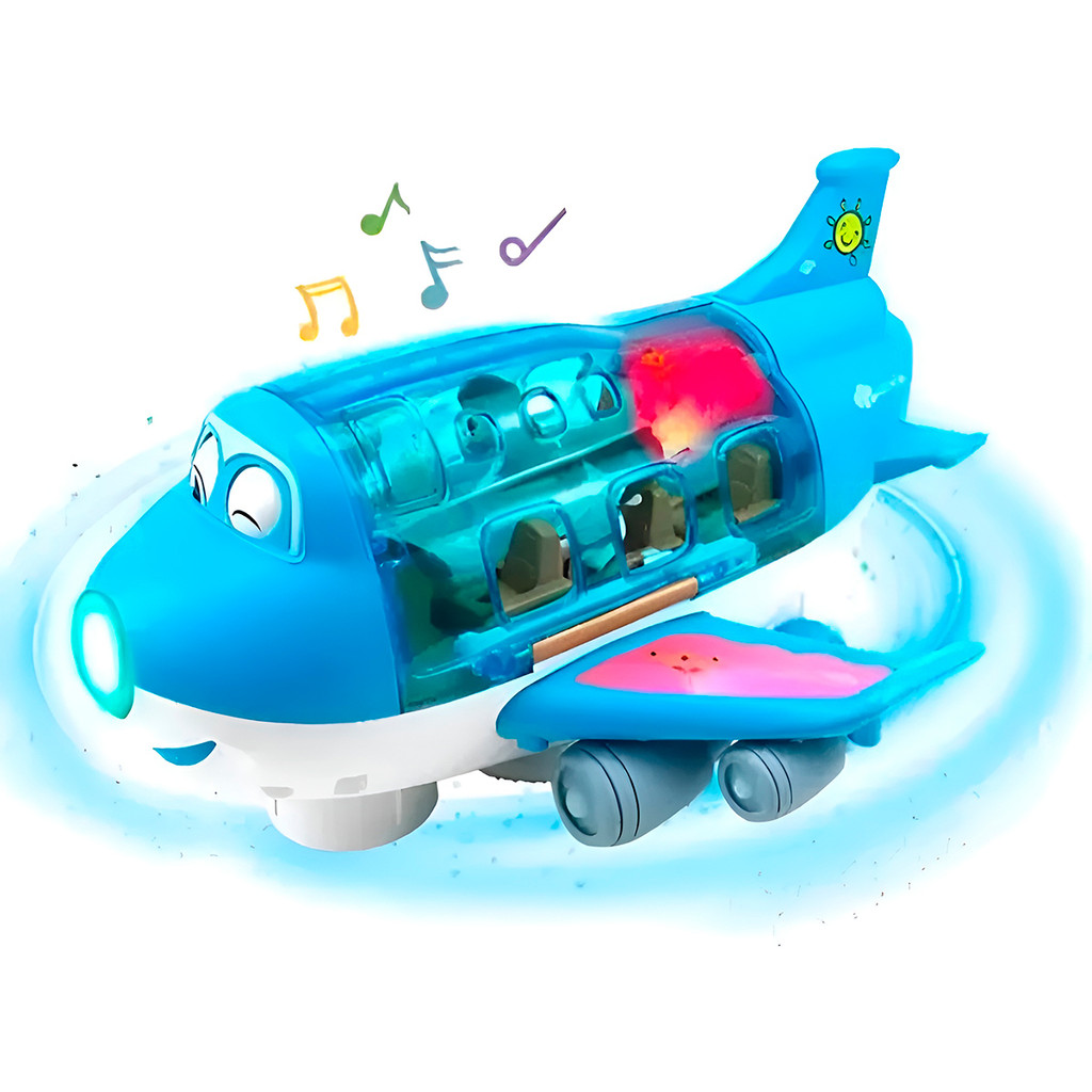 JS Avião Musical Bate e Volta Luzes Sons Giratório Brinquedo