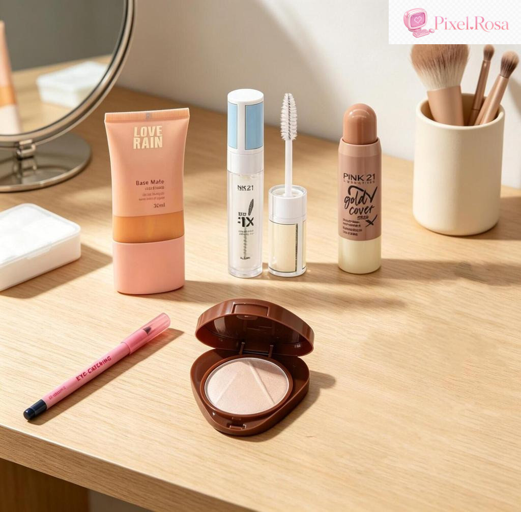 Kit Maquiagem 5 Peças: Base + Delineador + Contorno + Iluminador + Paleta de Sombras Pixel.Rosa