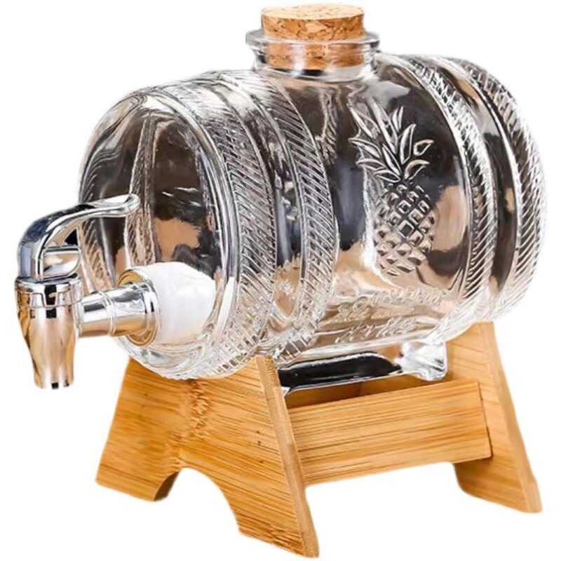Barril De Vidro Abacaxi 1,5L Com Torneira Suporte De Madeira E Rolha Dispenser Para Cachaça Bebidas