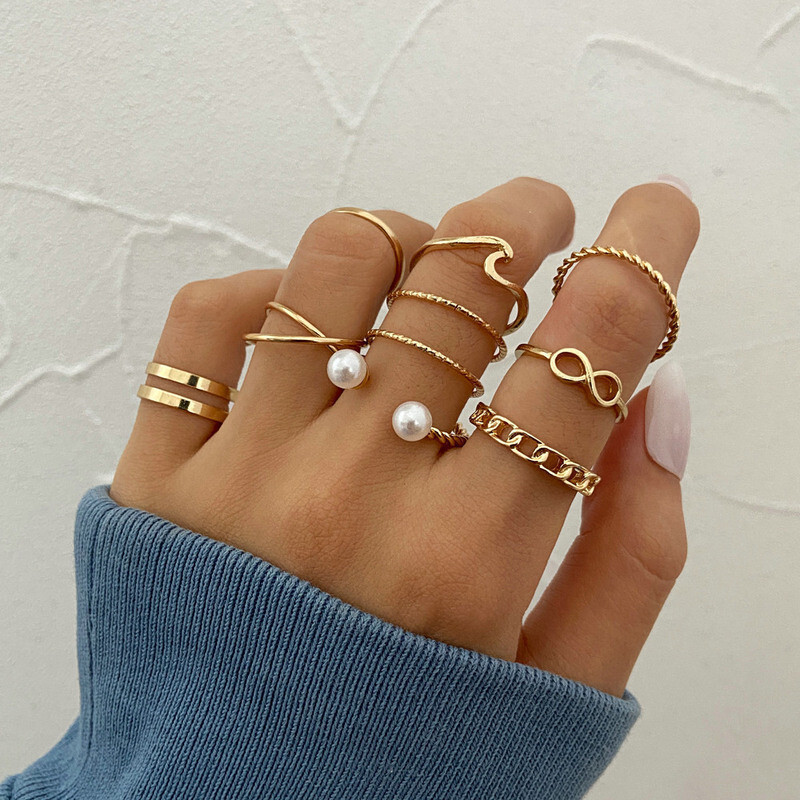 AliExpress Cross-Border ins estilo legal liga conjunto de 10 peças anel conjunto criativo simples pérola conjunta anel o
