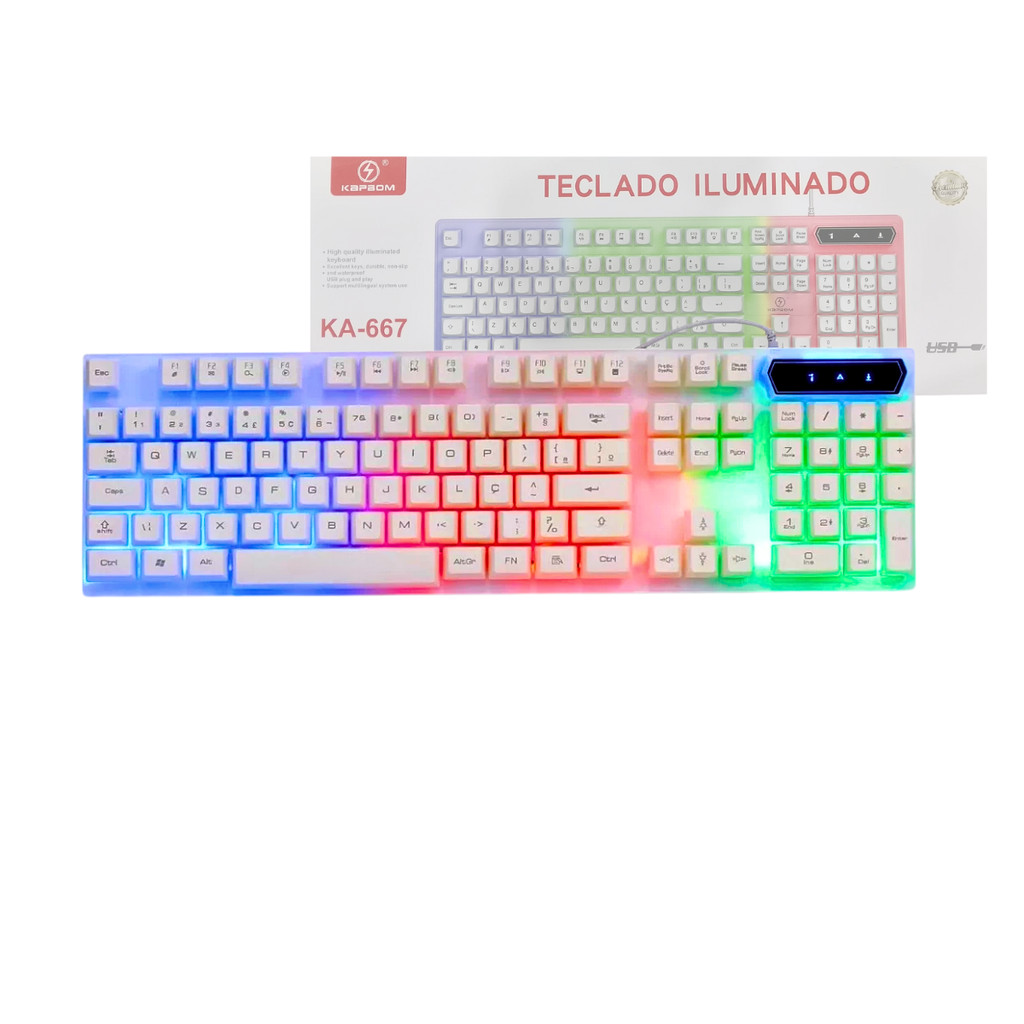 Teclado Gamer Branco Semi Mecânico RGB LED USB Kapbom KA-667 com Funções Multimídia