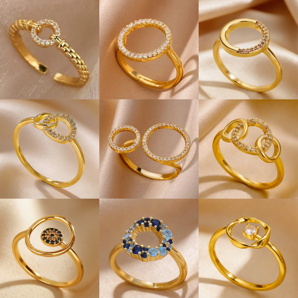Ruby Fashion Pavé Rodada Geométrica Zircão Oco Anel Banhado 18k Joias de Ouro Feminino Anel Aberto
