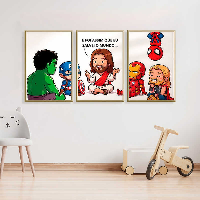Kit Quadro Decorativo 3 Peças Jesus Nosso Salvador Herói Evangélico Decoração Casa Quarto Sala