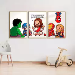 Kit Quadro Decorativo 3 Peças Jesus Nosso Salvador Herói Evangélico Decoração Casa Quarto Sala