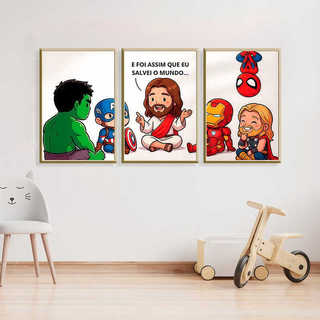 Kit Quadro Decorativo 3 Peças Jesus Nosso Salvador Herói Evangélico Decoração Casa Quarto…