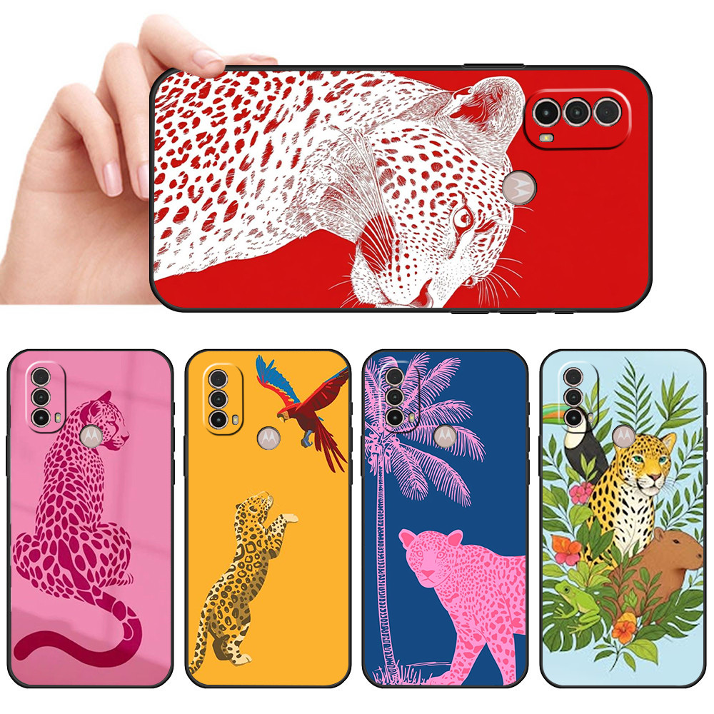 Capa De Telefone Preta Macia Para Moto E7 Plus E7i POWER E13 E20 E22 E40 G9 Play Onça Pintar desenho Animado Protetora A