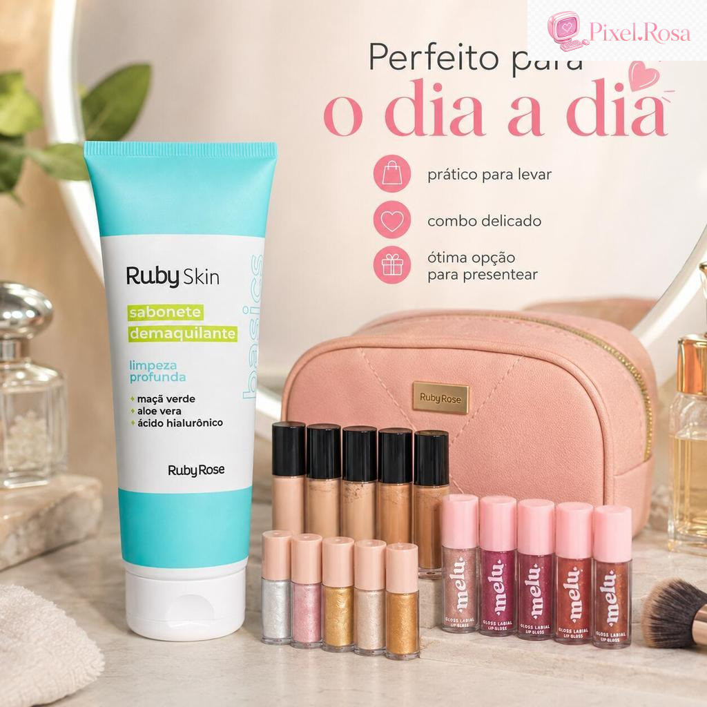 Ruby Rose Ruby Skin Sabonete Demaquilante Facial + Mini Corretivo + Mini Iluminador + Mini Gloss Labial Pixel.Rosa