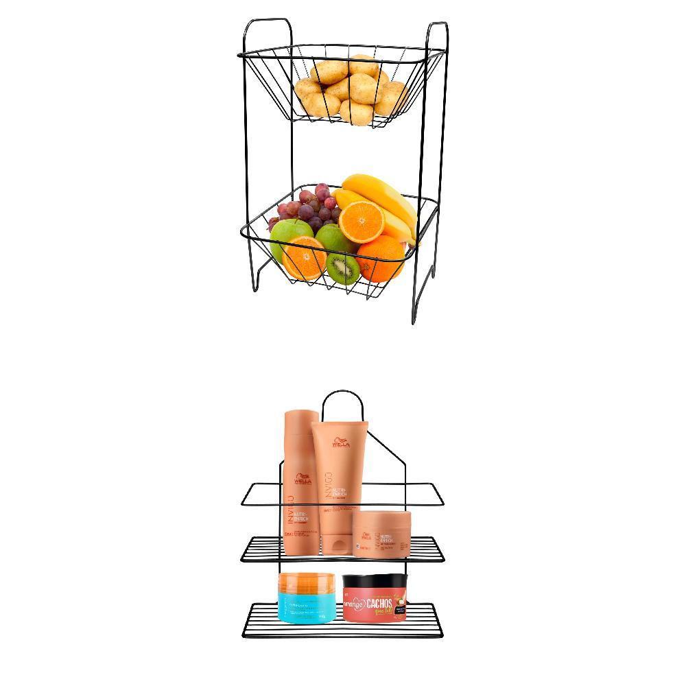 Kit Fruteira Quadrada Dupla para Chão na Cor Preta. + Suporte Porta Shampoo de Registro Preto