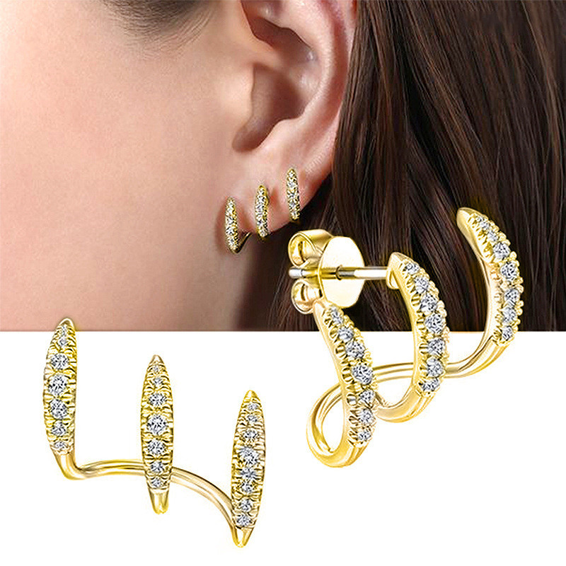 Novo produto transfronteiriço brincos diamante incrustado Tik Tok estilo legal Design brincos brincos curvos de três cam