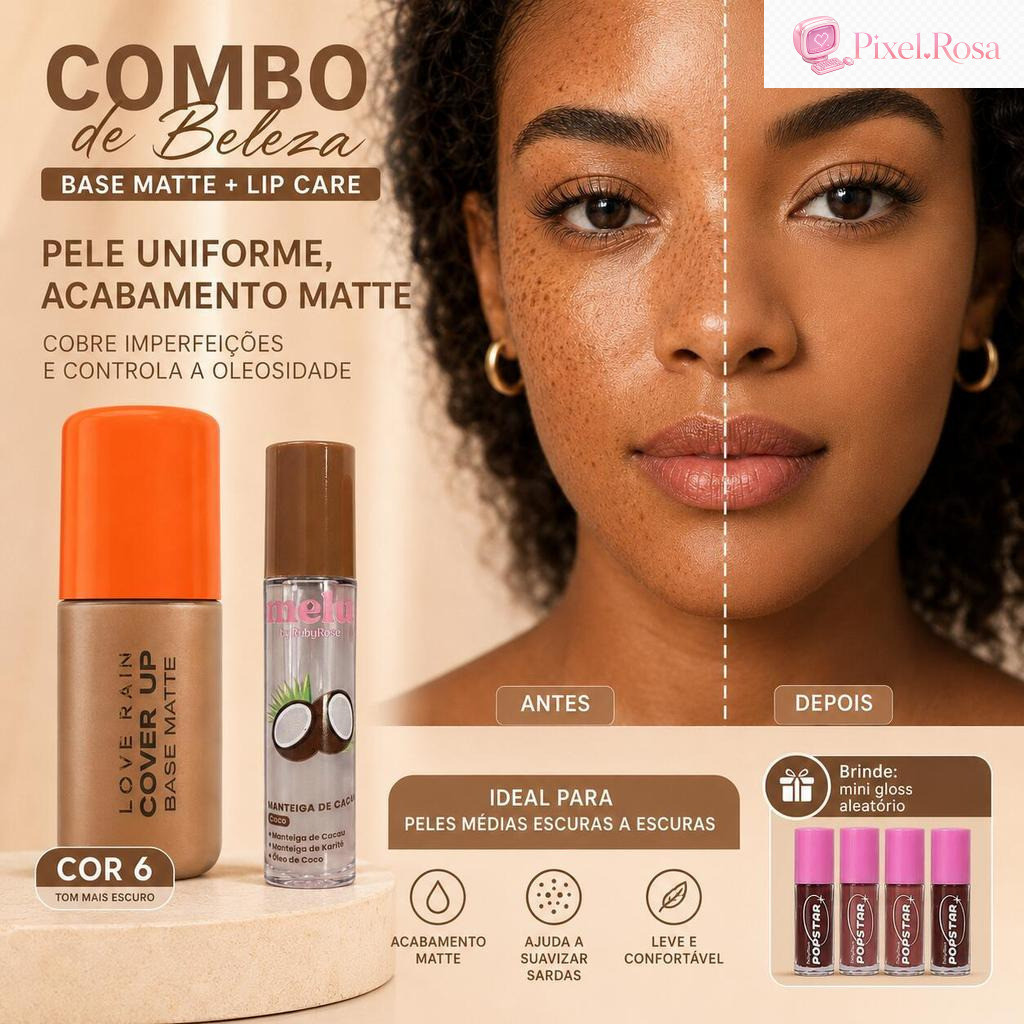 Love Rain Base Matte Cover Up Cor 6 + Melu Ruby Rose Lip Care Coco + Mini Gloss Sortido Pixel.Rosa