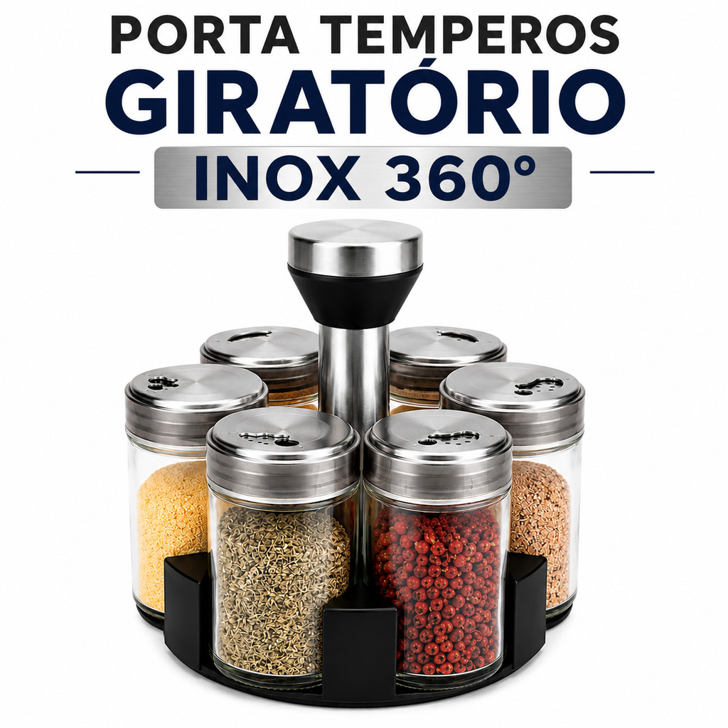 Porta Temperos Giratório Inox 360°, Organizador de temperos giratório, suporte para temperos