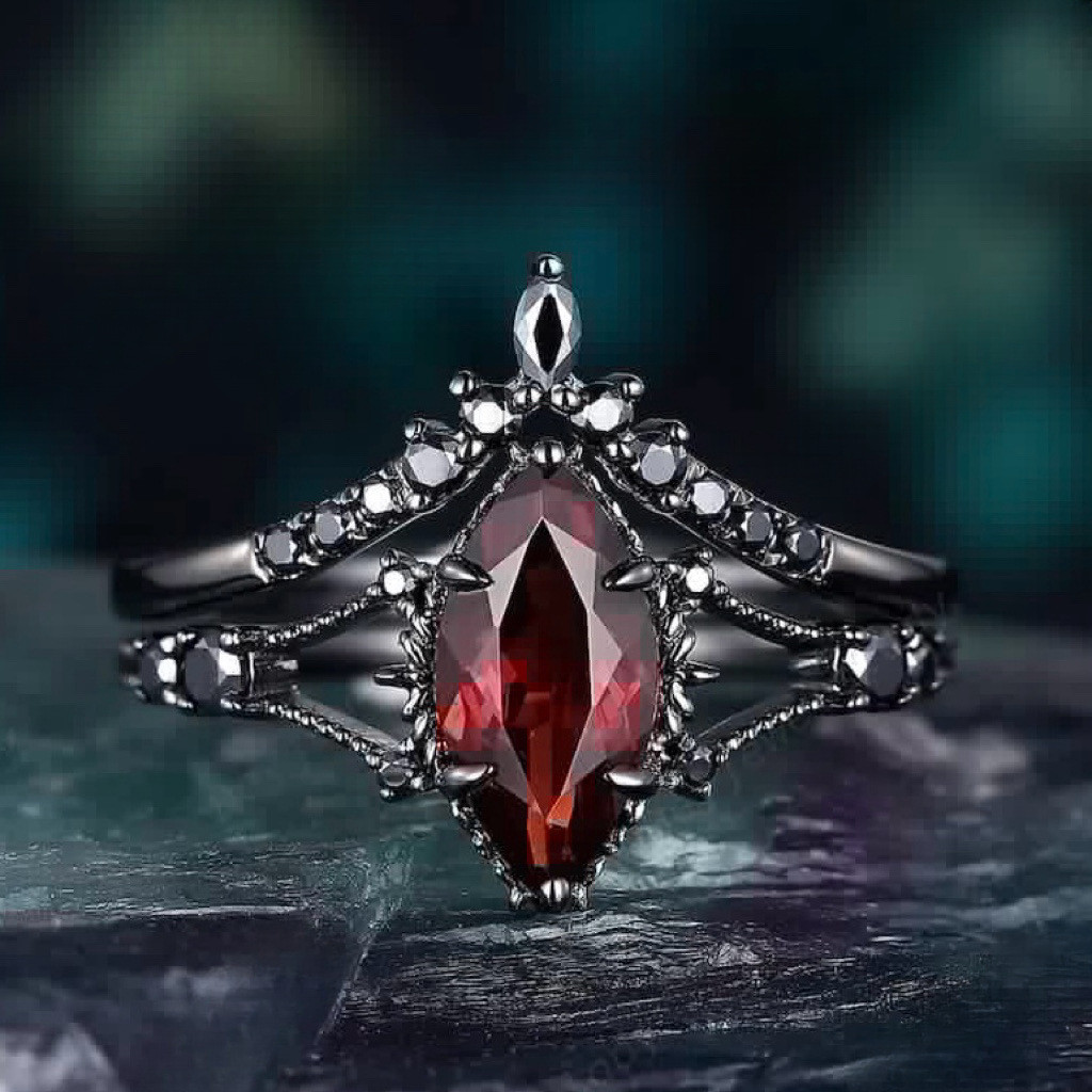 MONICOO Novo Estilo Anel Preto Escuro Anel de Zircão Vermelho Lava Horse Eye Gun Preto Par Anel Feminino