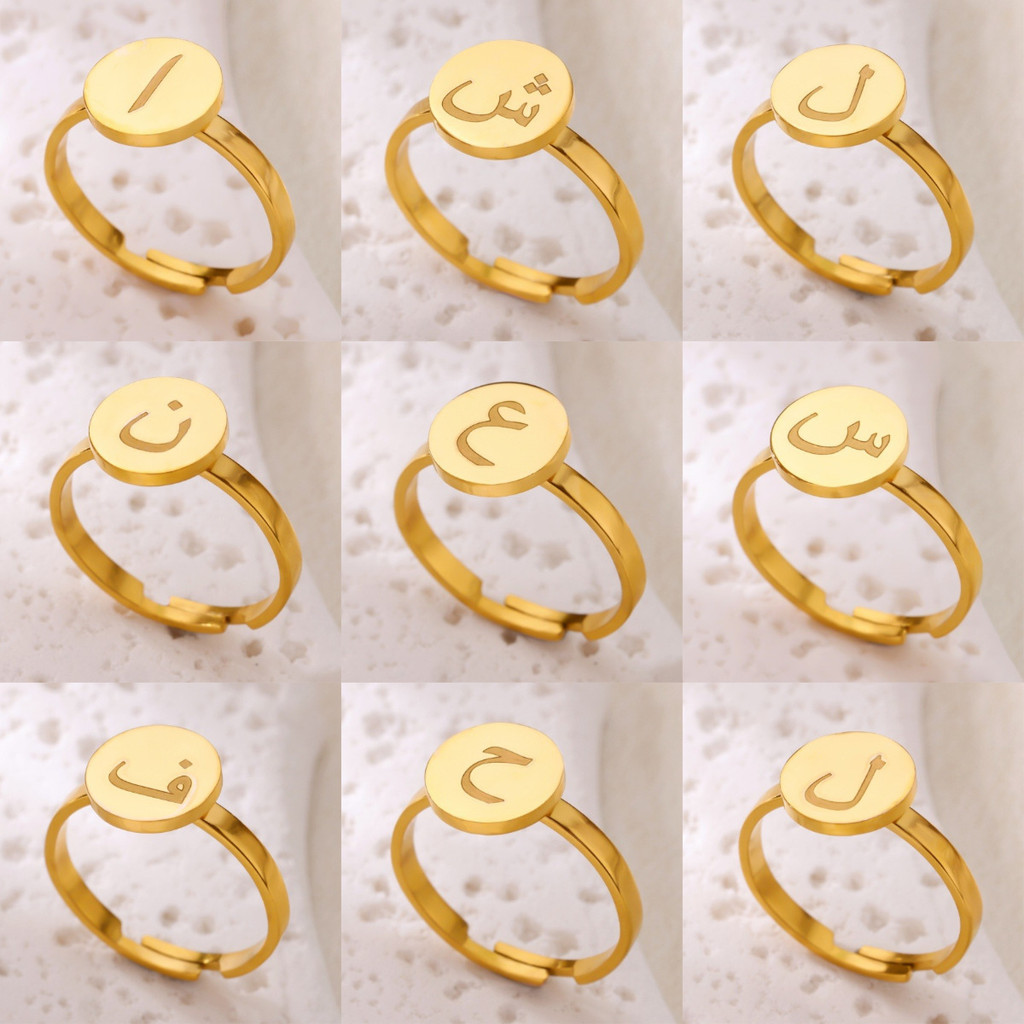 Ruby AliExpress Ouro Aço Inoxidável Letra Árabe Anel Aberto Único Anel Criativo Feminino Presente de Feriado