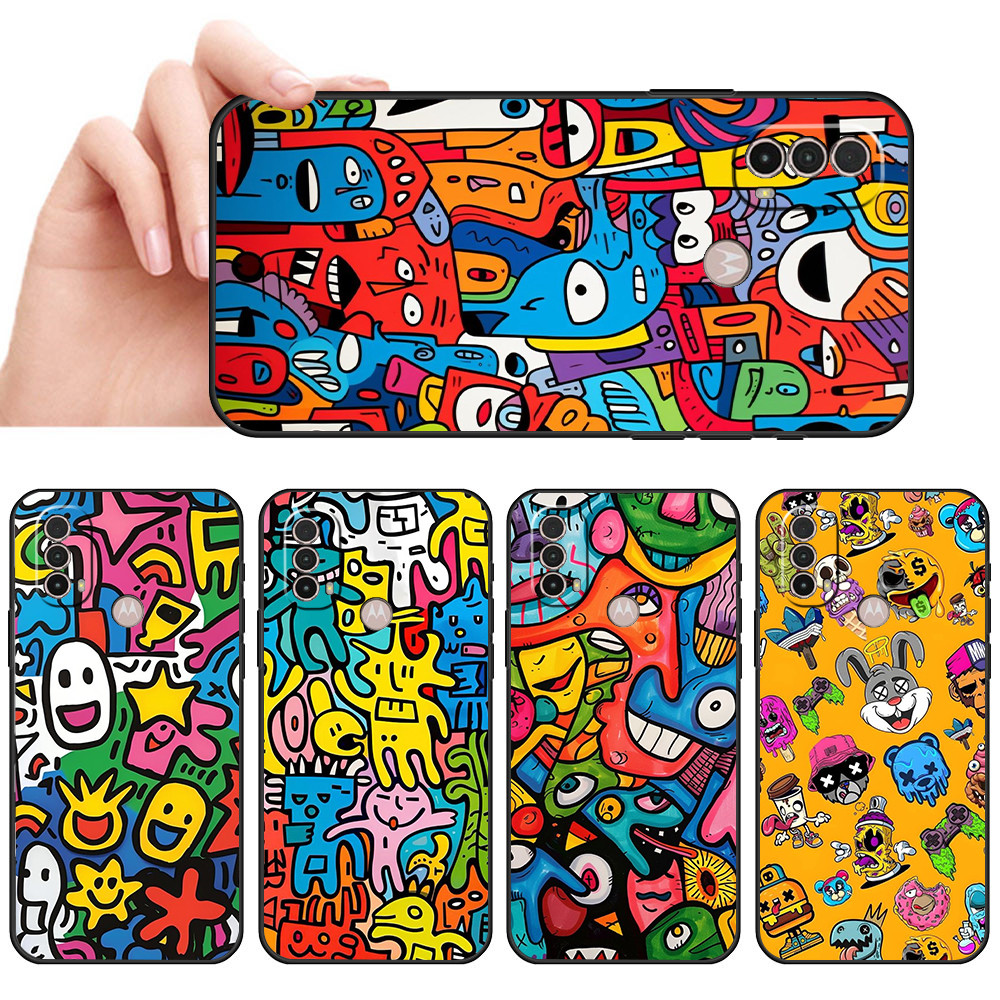 Capa De Telefone Preta Macia Para Moto E7 Plus E7i POWER E13 E20 E22 E40 G9 Play Desenho doodle colorido estilo ins Prot