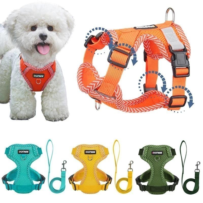 Conjunto De Arnês E Trela Para Cães Com Ajuste De 4 Pontos , Pequenos , Malha Reflexiva , Colete , Filhote De Cachorro ,
