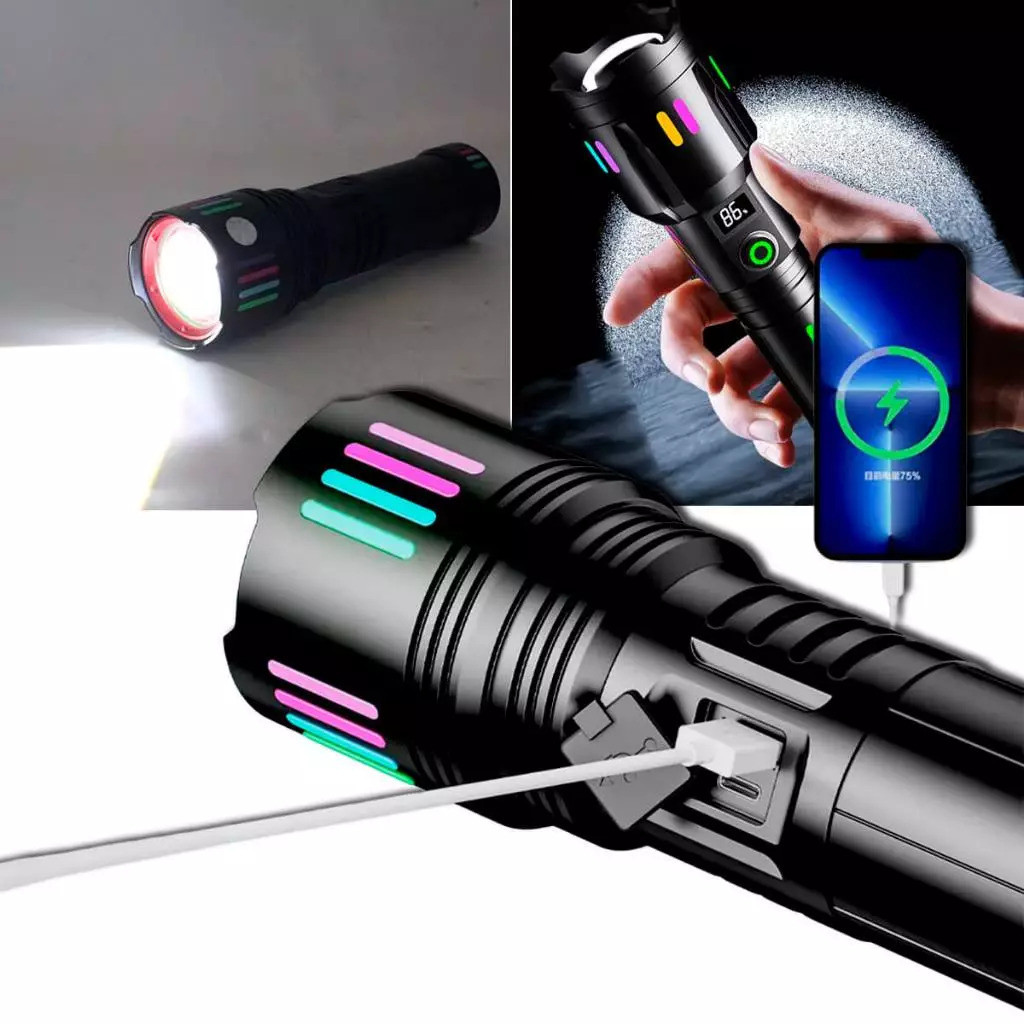 Lanterna LED 36000 Lúmens Recarregável USB Bivolt - A Lanterna Mais Forte do Mundo
