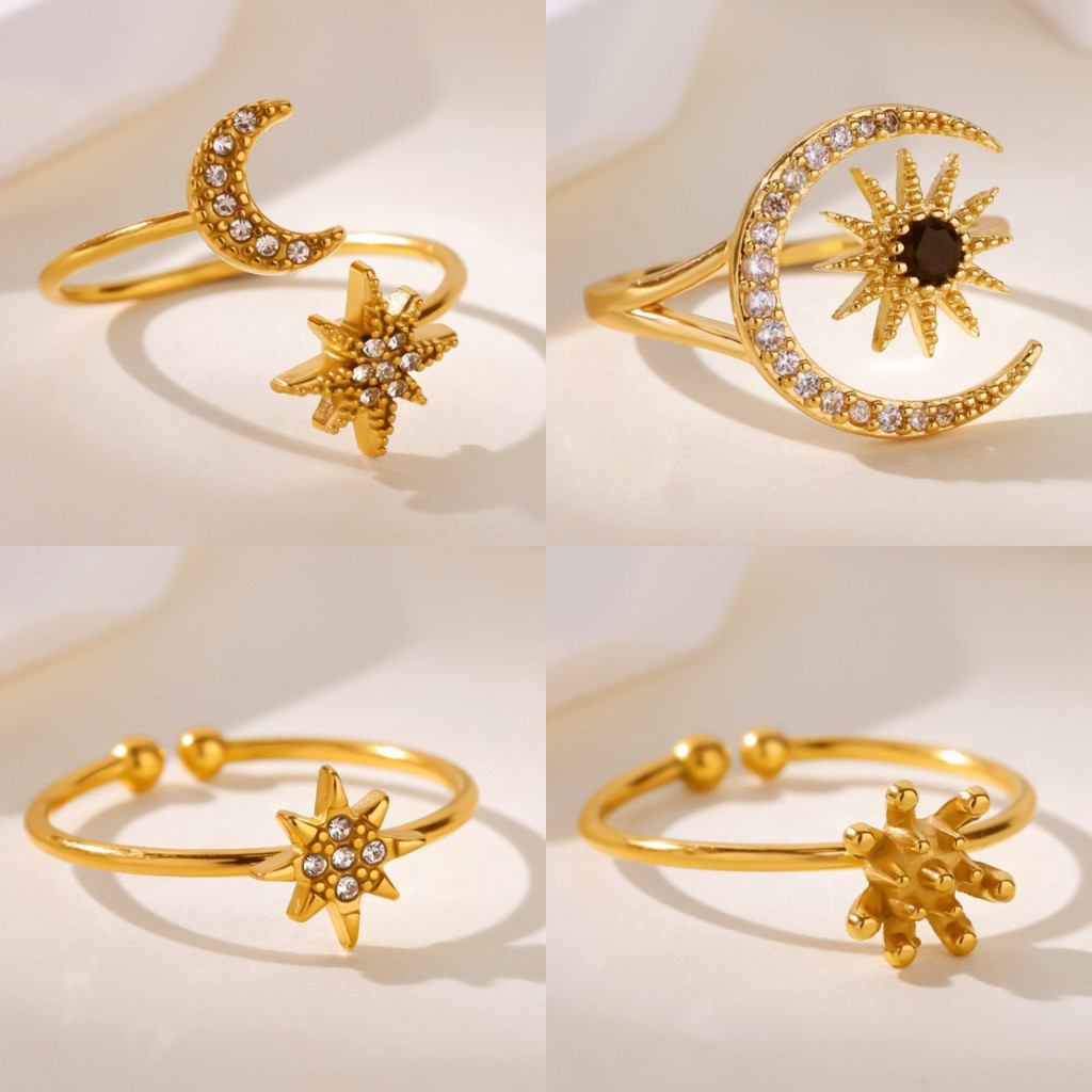 Rubi europeu americano moda zircão hexagrama anel feminino estrela lua diamante Design sentir 18K ouro aço inoxidável mã