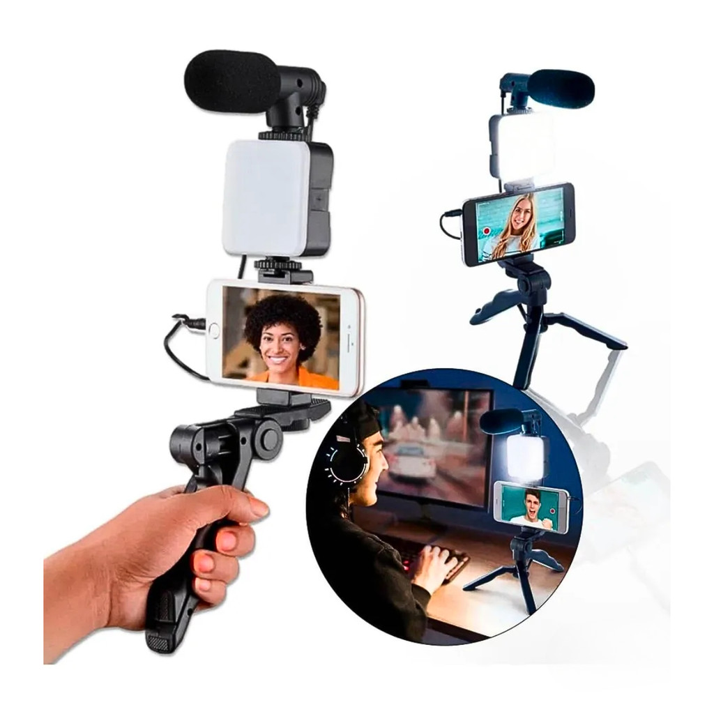 Suporte para Celular com Tripé Luz LED para Streaming Podcast Self com Microfone T&Z TZ-KD-49/20