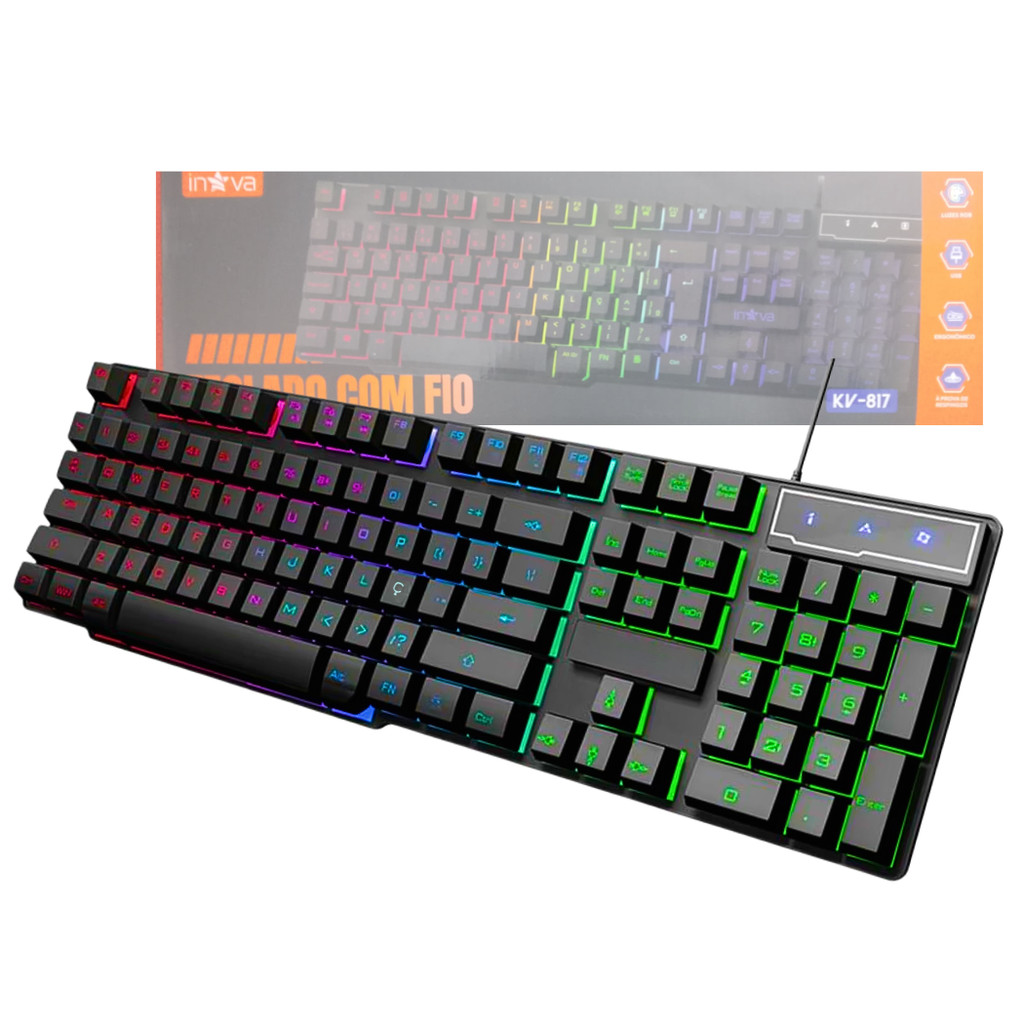 Teclado Gamer Semi Mecânico RGB ABNT2 Inova KV-817 | LED Colorido USB Plug & Play