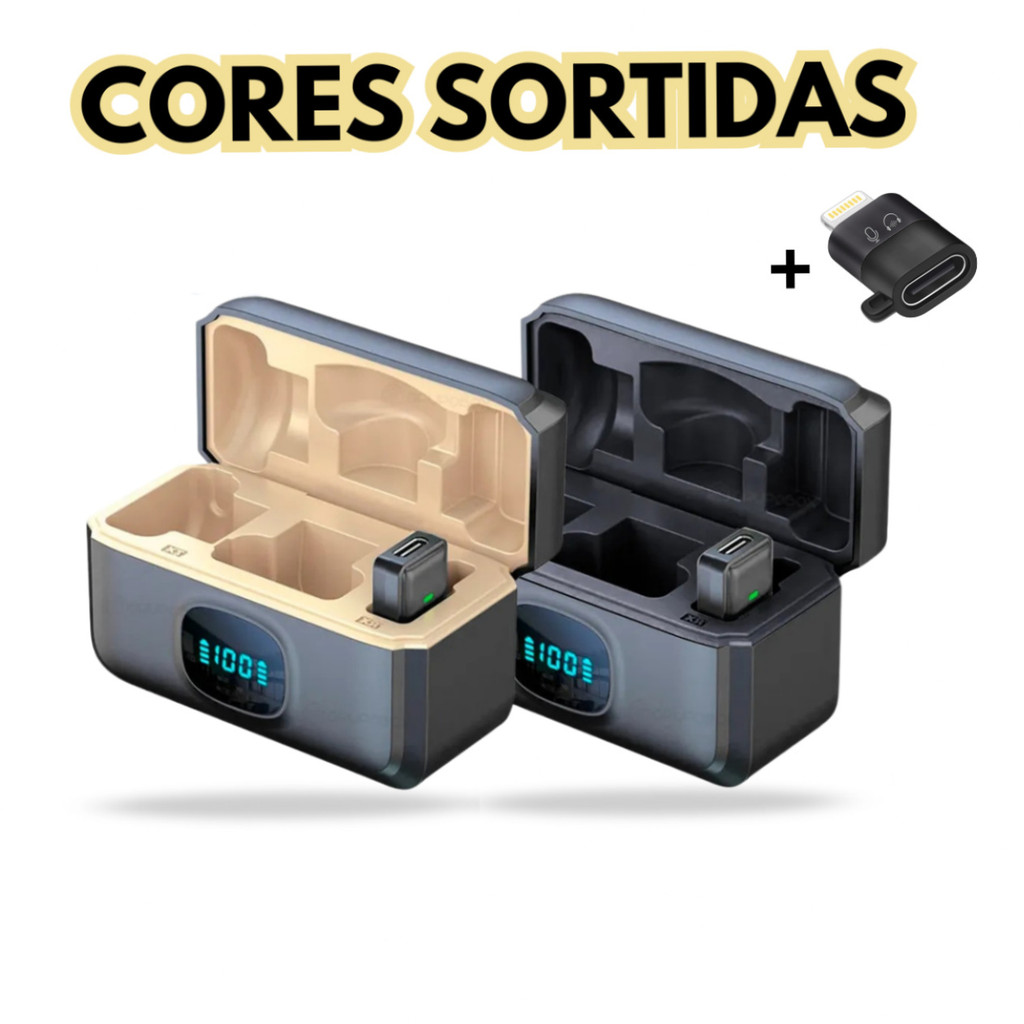 Microfone Lapela Duplo Sem Fio Magnético Anti Ruído Tipo C + Adaptador USB-C p/ Lightning - (Cores Sortidas)