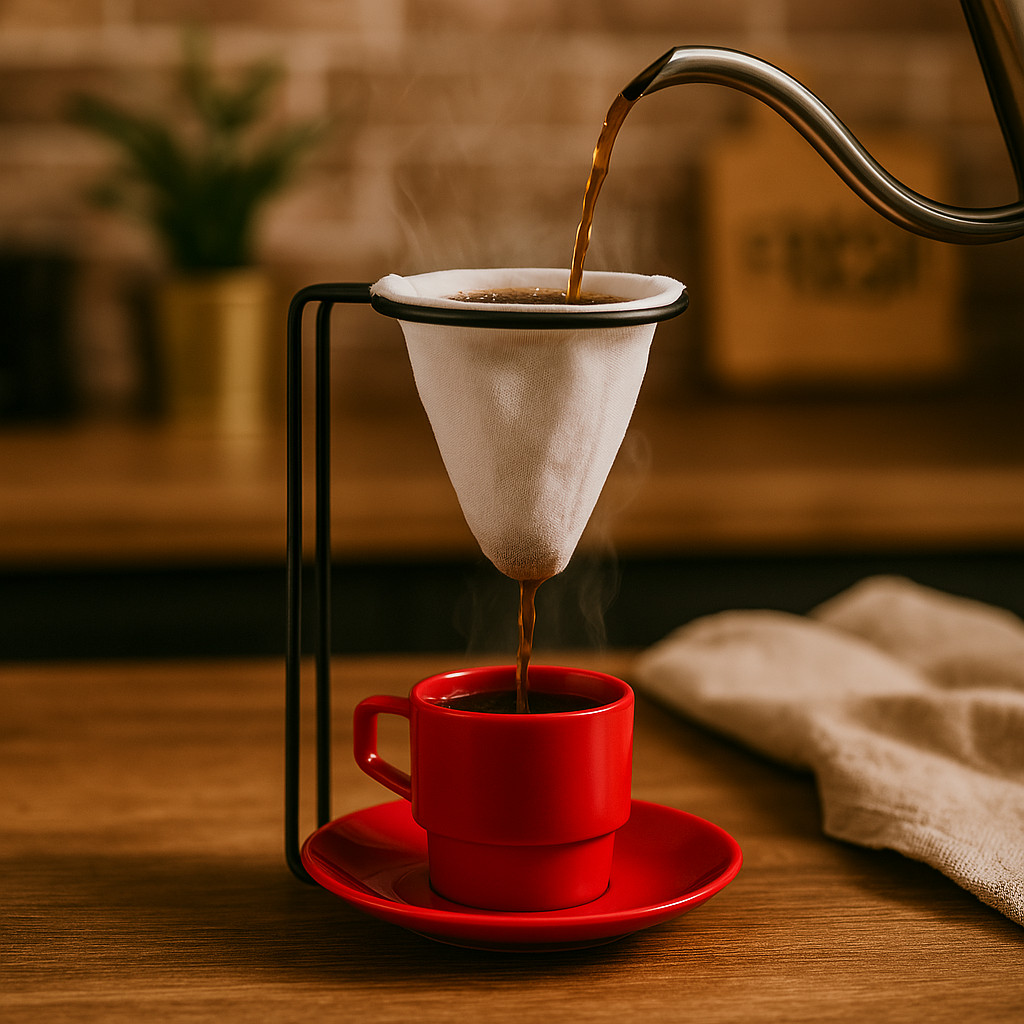 Mini Coador de Café com Xícara e Pires – Preto com Vermelho