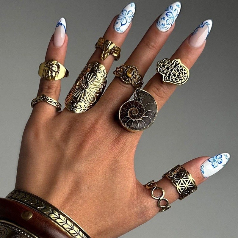 Conjunto de anel de concha de flor da moda Medieval retrô nicho Punk anel oco desgastado