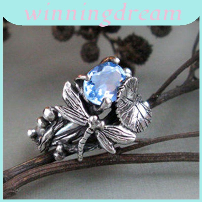 Luxuoso Anel De Lótus De Libélula Com Corte Oval Aquamarine Alianças De Casamento Banhadas A Prata