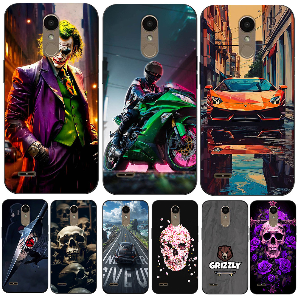 Capa Para LG K10 2018 thinQ Traseira De Telefone Silicone Macio Preto Tpu Crânio Flor design De Carro Engraçado Coringa