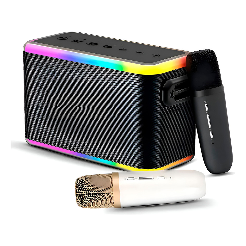 JS Caixa de Som 2 Microfones Aparelho Karaokê Bluetooth