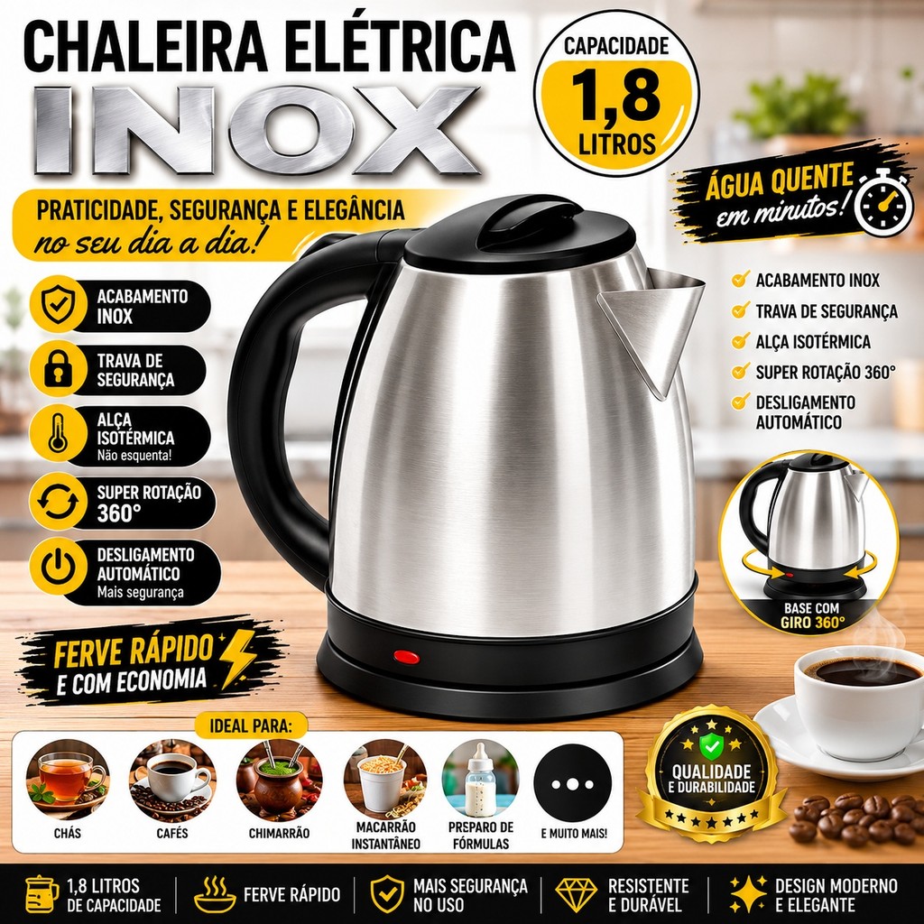 Chaleira Eletrica Inox 1.8L Jarra Eletrica Ferve Rapido, Desligamento Automático, Café, chá,  Queima De Estoque