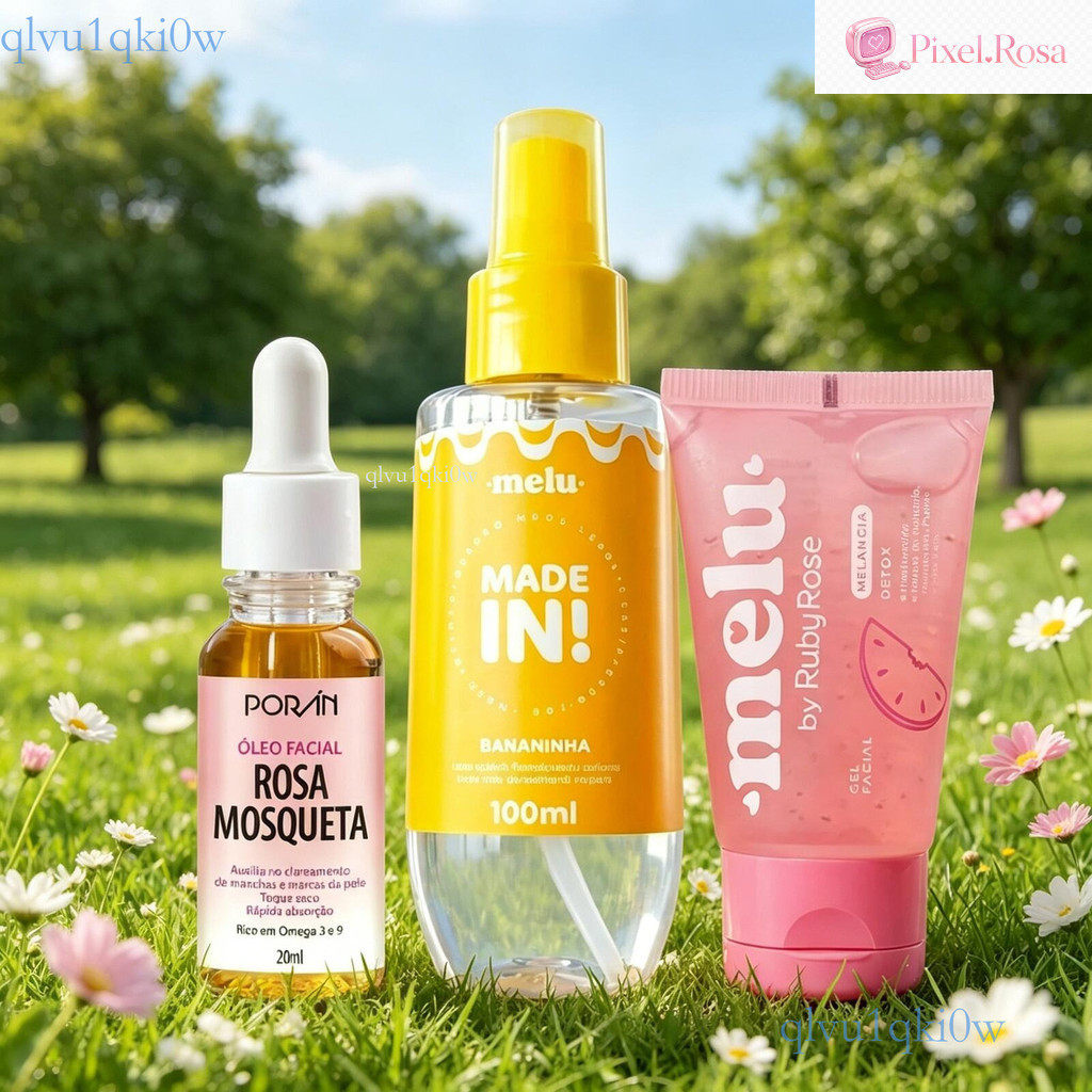 Kit Cuidado Corporal e Facial: Body Splash Melu Ruby Rose + Óleo Rosa Mosqueta Porãn + Gel Facial Hidratante Pixel.Rosa
