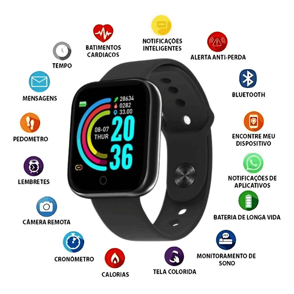 Relógio digital smartwath smartwatch D20 y68 D20 rosa preto branco
