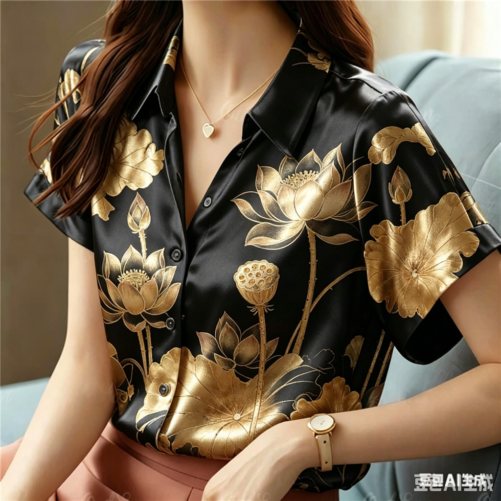 Mulheres Golden Lotus Print Cetim Manga Curta Camisa Lapela Gola Blusa Luxo