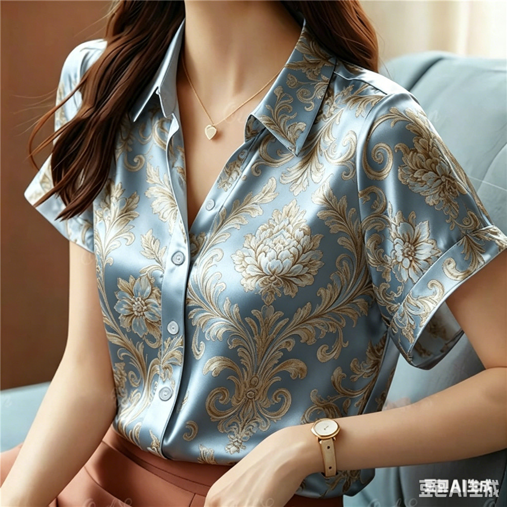 Blusa De Cetim Sedosa Com Estampa Barroca Azul Feminina Elegante Escritório Manga Curta Top