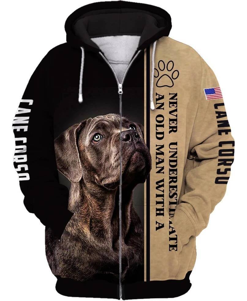 Nunca Subestime Um Velho Com Uma Cana Corso Impressão 3D Hoodies Masculino Para Mulher Pullovers Zíper Moletom Casual Ru