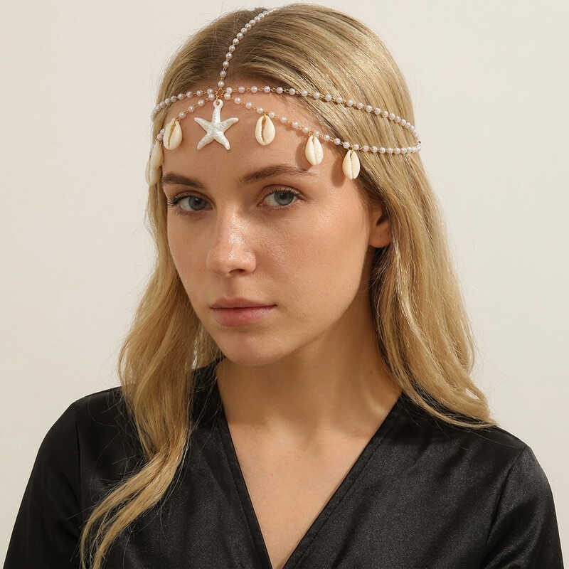 Estilo de férias estrela do mar concha pérola testa corrente moda All-Match imitação pérola borla corrente cocar feminin