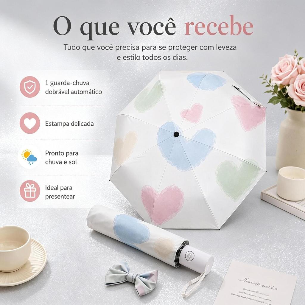 Guarda-Chuva Dobrável Automático com Estampa de Coração -Proteção para Sol e Chuva,Portátil para Bolsa Feminina LEN-1295