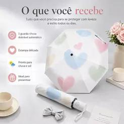 Guarda-Chuva Dobrável Automático com Estampa de Coração -Proteção para Sol e Chuva,Portátil para Bolsa Feminina LEN-1295