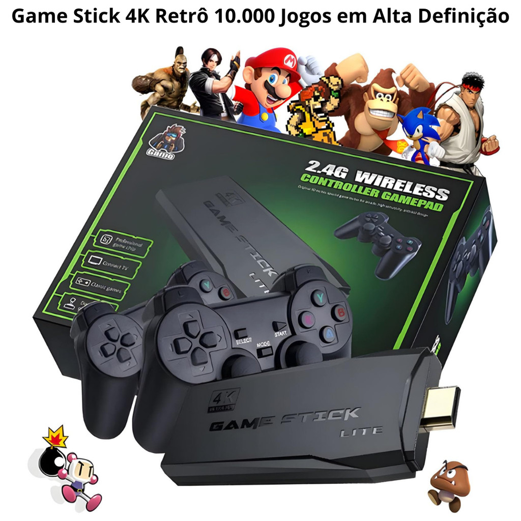 Videogame Stick 4K Retrô 10mil Jogos 2 Controles Sem Fio Console Portátil Jogos Retro Antigo