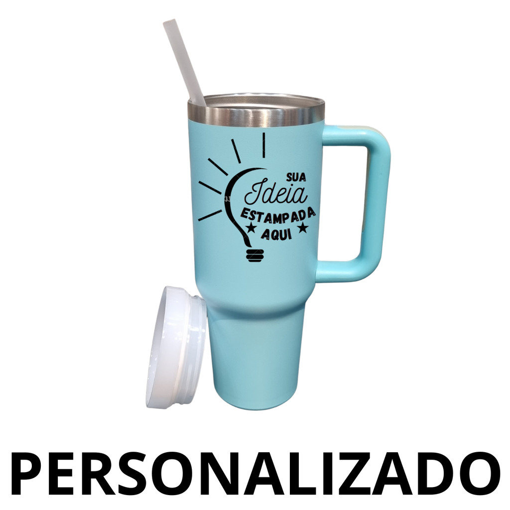 Personalizado - Copo Caneca (1200 ml) Térmica Inox com Alça e Canudo - Azul Bebê