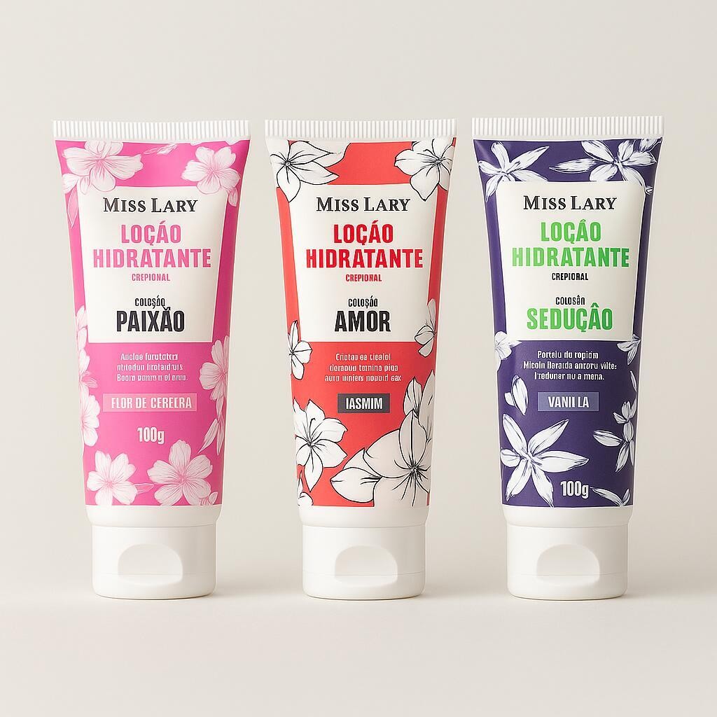 Loção Hidratante Corporal Miss Lary 100g Vanilla, Jasmin e Flor de Cerejeira Pele Macia e Perfumada