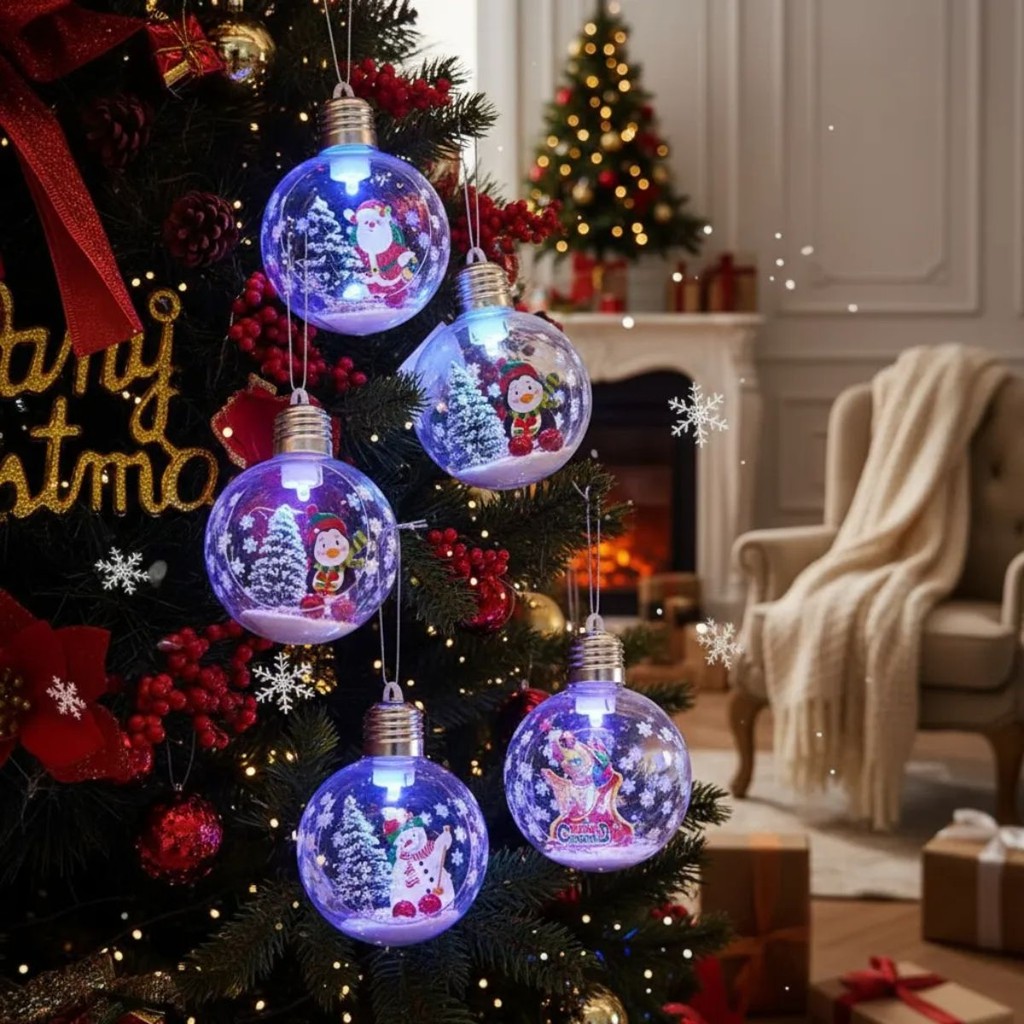 Kit 2 Bolas De Natal Com Led Efeito Globo De Neve Decoração Esferas Natalinas Iluminadas Acrílicas