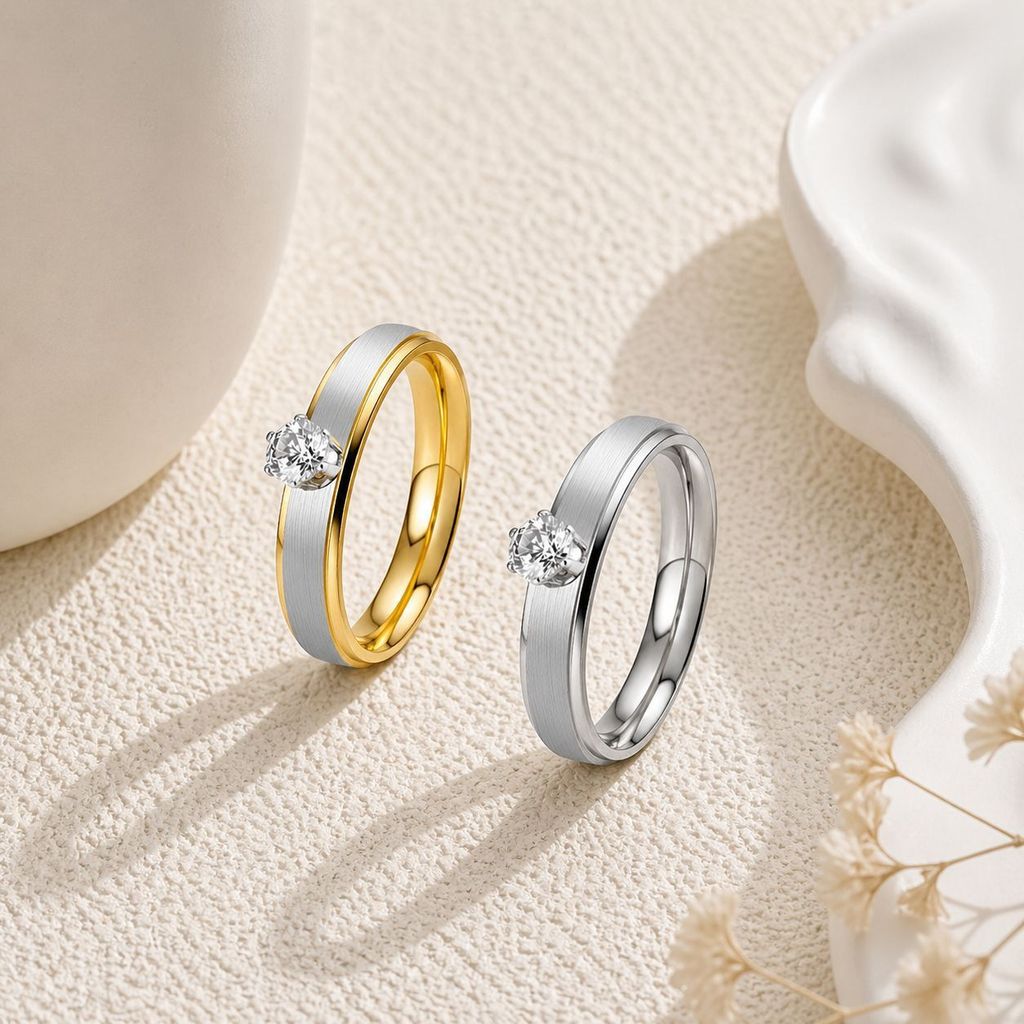 R RUBY Anel de aço inoxidável ouro prata luz luxo anel fino anel de diamante casal anel jóias decoração