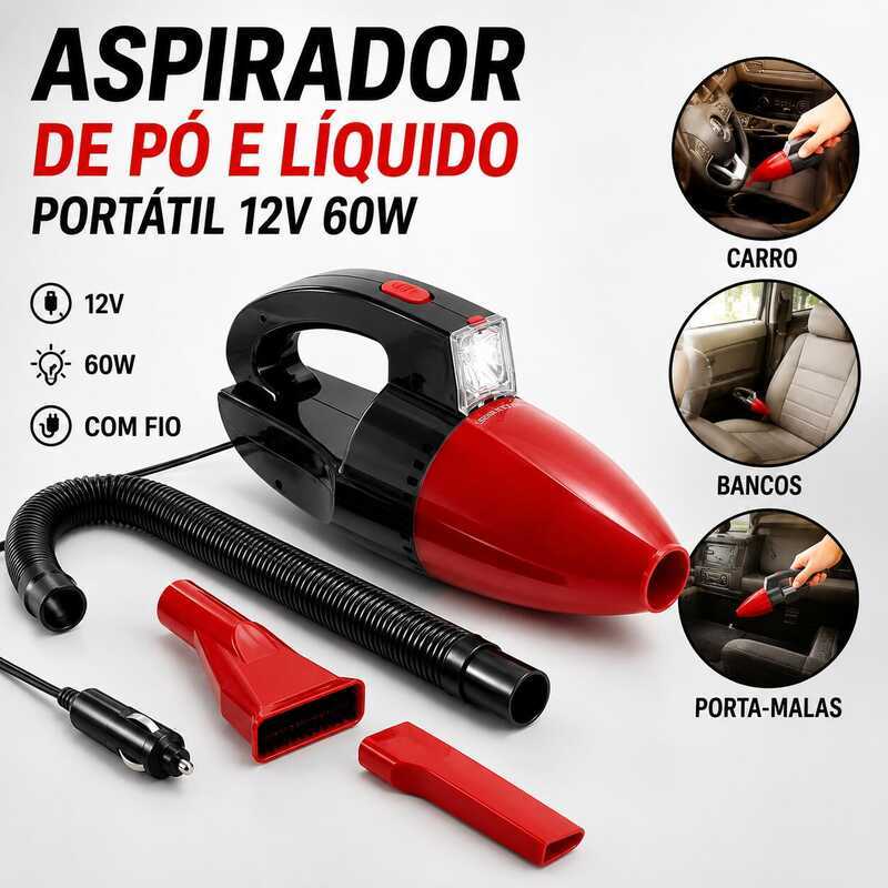 Aspirador de Pó e Líquido Portátil Carro Veicular 12v 60W Com Fio