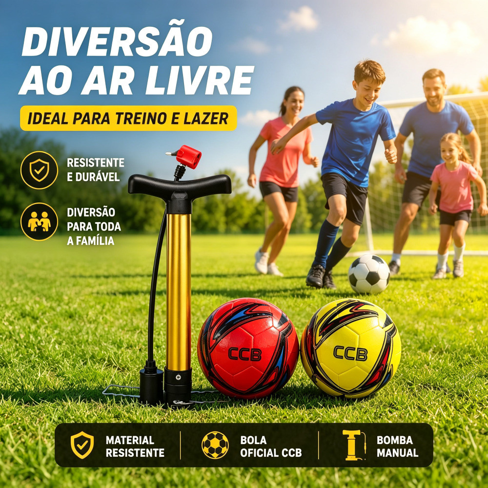 Kit Futebol CCB – Bola + Bomba Manual Dourada KAPBOM com Agulha para Escola e Campo