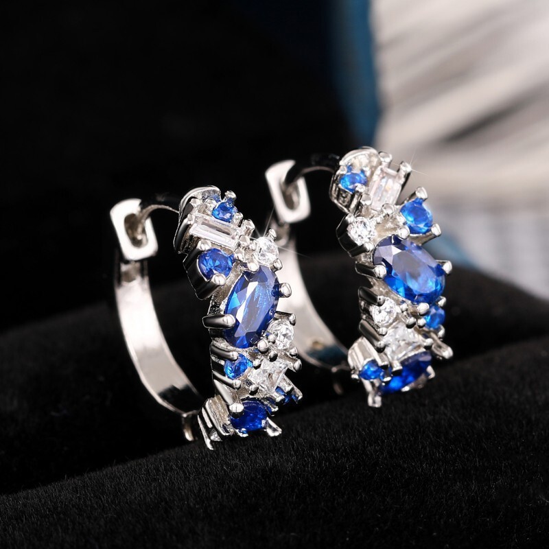 Ruby * Brincos de diamante azul banhados a platina, nova cor, brincos azuis reais, strass, zircônia azul, brincos pequen
