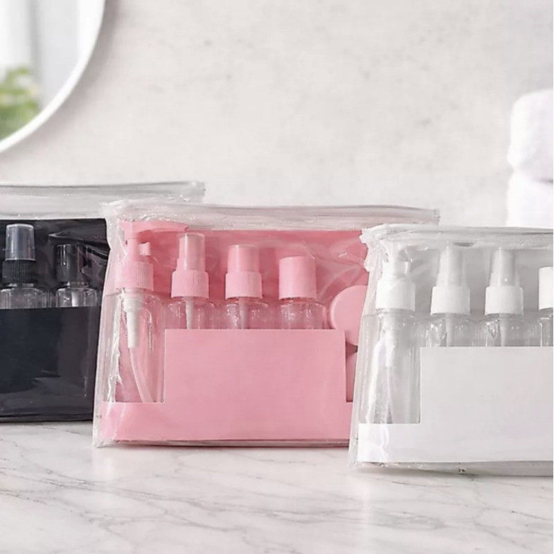 Kit com 9 Frascos para Viagem - Shampoo, Creme, Sabonete e Itens de Cuidados Pessoais