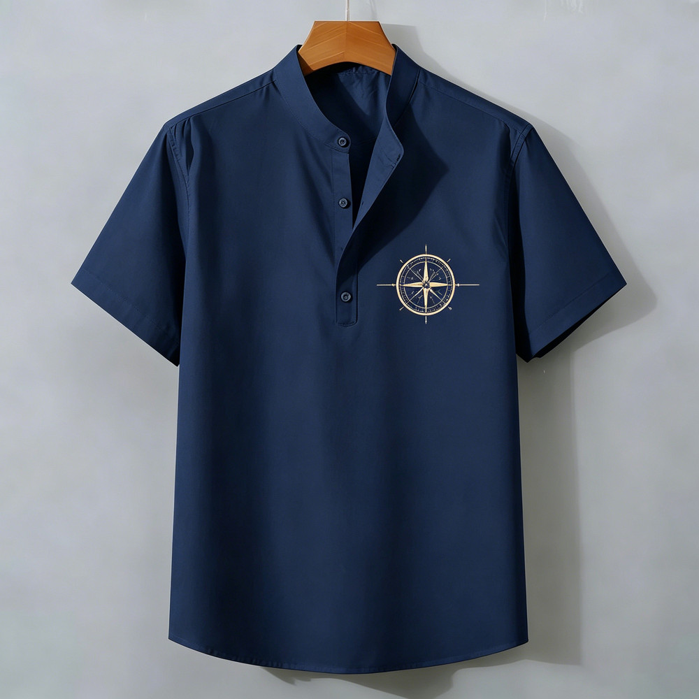 Camisa Masculina De Manga Curta Com Gola Henley Meia Carcela 2026 Nova Respirável Confortável Estampada Artesanato Moda 