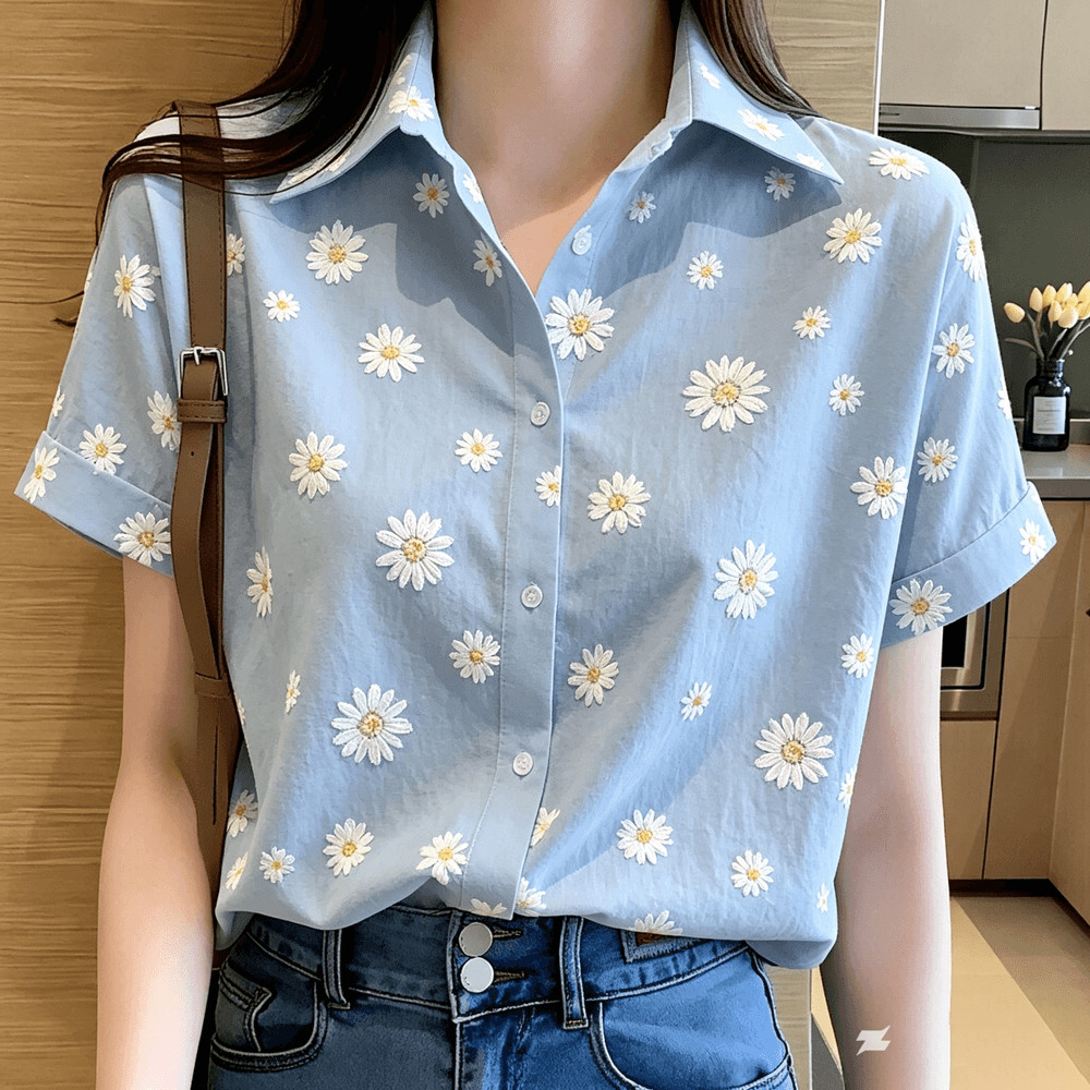 Blusa Feminina De Lapela De Manga Curta , Estampa Floral Rosa Branca Azul Marinho , Camisa De Cetim Com Botões Semelhant